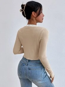 SHEIN Unity 2件套撞色蕾丝拼布罗纹长袖休闲百搭上衣套装 - 杏色 - 查看 2