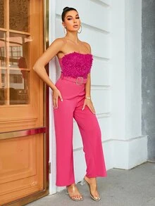 Glamaker 毛茸邊腰帶抹胸連體褲 - 粉色 - 查看 6