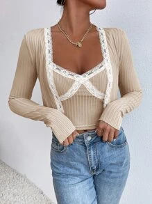 SHEIN Unity 2件套撞色蕾丝拼布罗纹长袖休闲百搭上衣套装 - 杏色 - 查看 4