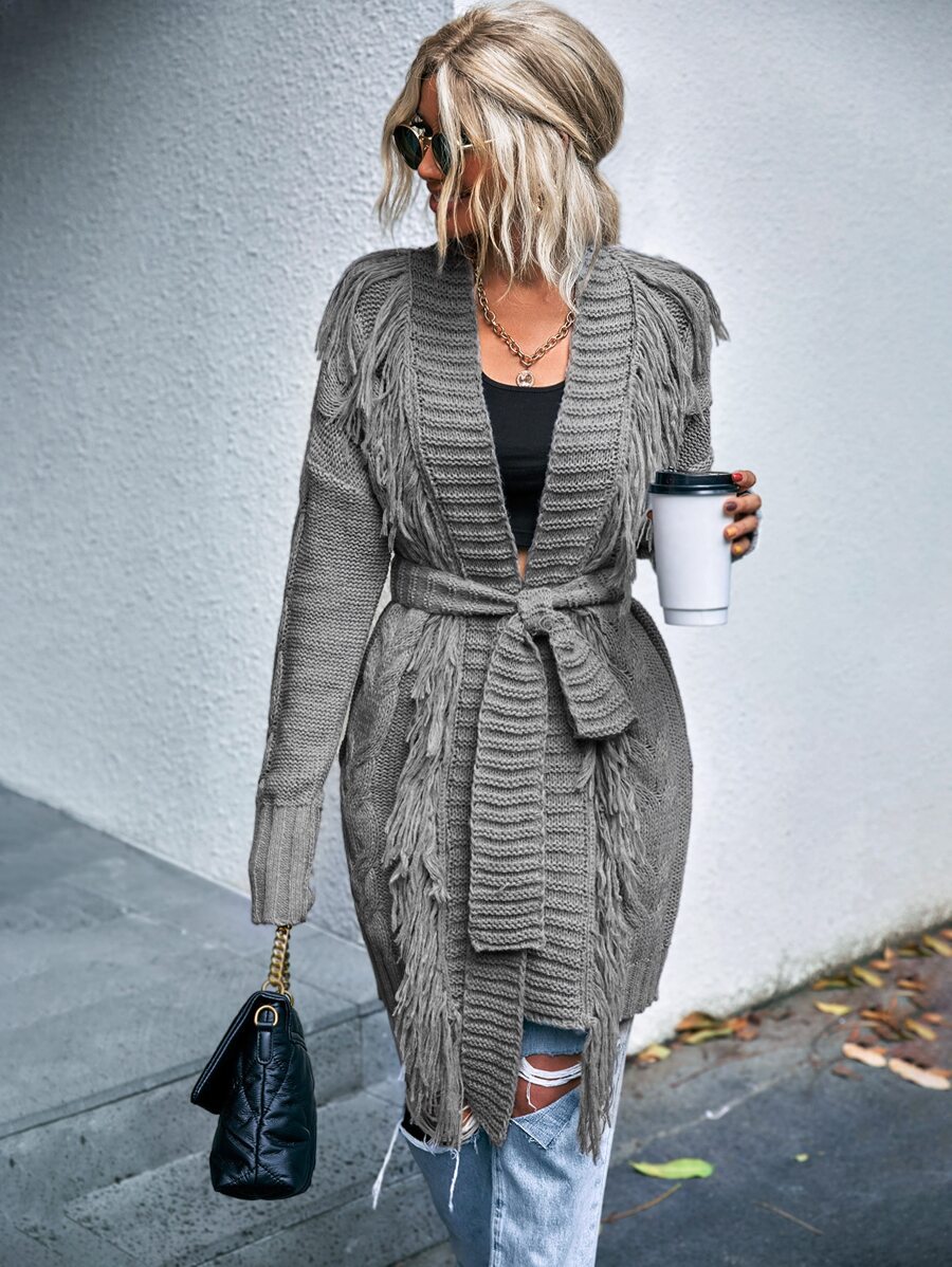 SHEIN LUNE Fringe Trim Drop Shoulder Belted Cardigan - Grey - View 1