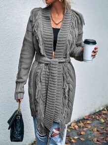 SHEIN LUNE Fringe Trim Drop Shoulder Belted Cardigan - Grey - View 3