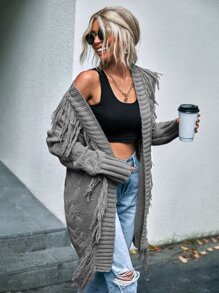 SHEIN LUNE Fringe Trim Drop Shoulder Belted Cardigan - Grey - View 4