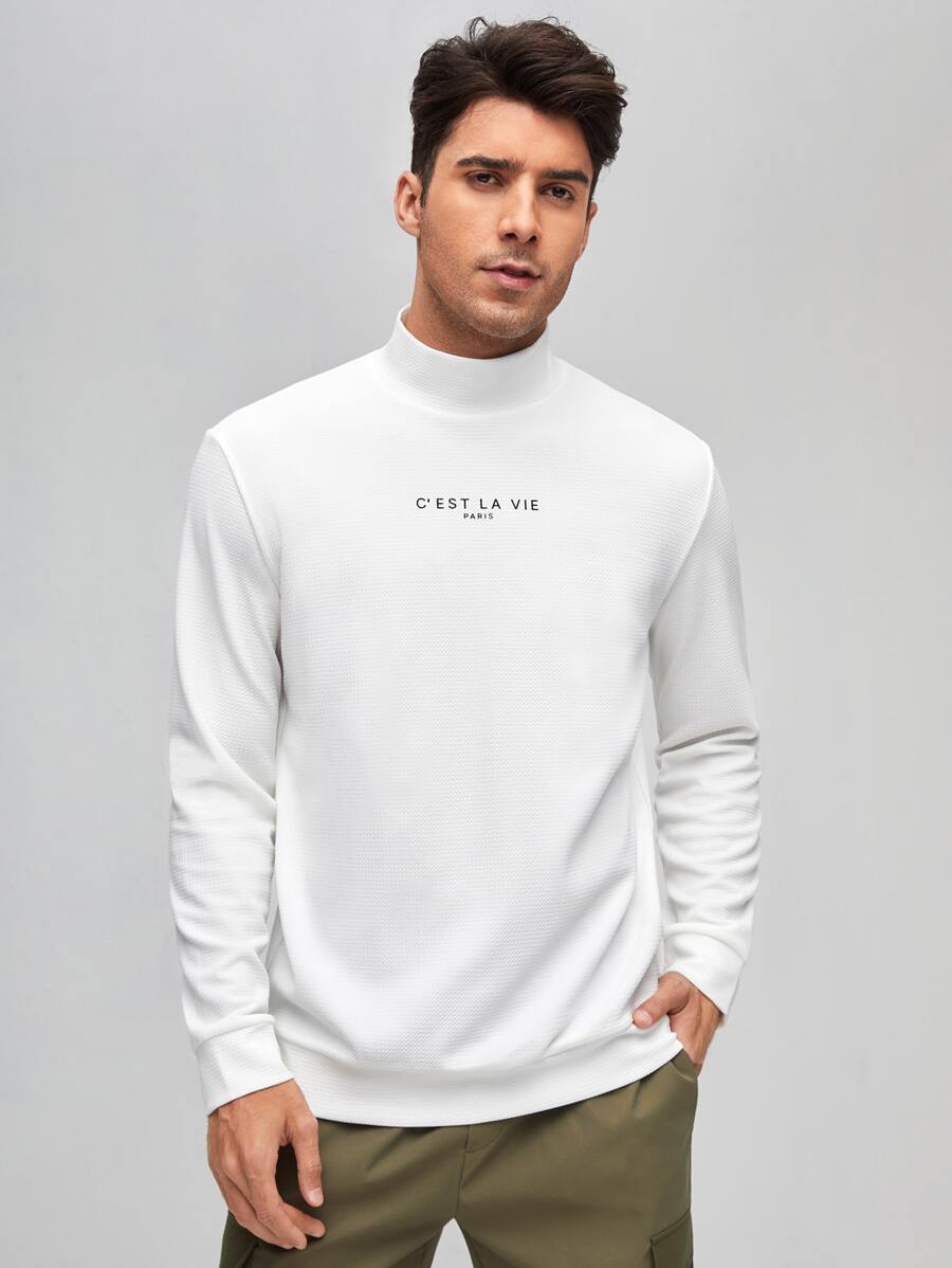 Manfinity VCAY Men Mock Neck Slogan Pattern Pullover - White - View 1