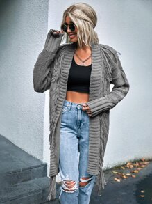 SHEIN LUNE Fringe Trim Drop Shoulder Belted Cardigan - Grey - View 5