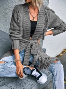SHEIN LUNE Fringe Trim Drop Shoulder Belted Cardigan - Grey - View 6