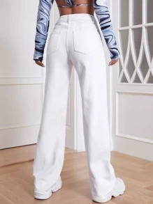 SHEIN EZwear Solid Wide Leg Jeans - White - View 2