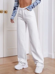 SHEIN EZwear Solid Wide Leg Jeans - White - View 3