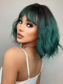 HAIRCUBE Women Wigs 16 Inch Green Long Wavy Hair Wigs With Bangs Synthetic Wigs For Cosplay - Green - View 4