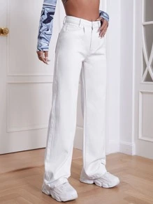 SHEIN EZwear Solid Wide Leg Jeans - White - View 4