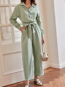 SHEIN Frenchy 前紐扣腰帶襯衫連體褲 - 薄荷綠 - 查看 1