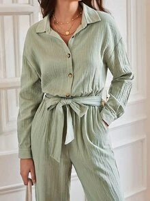 SHEIN Frenchy 前紐扣腰帶襯衫連體褲 - 薄荷綠 - 查看 2