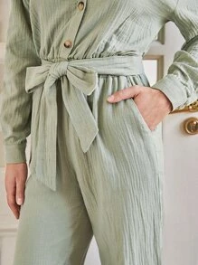 SHEIN Frenchy 前紐扣腰帶襯衫連體褲 - 薄荷綠 - 查看 4