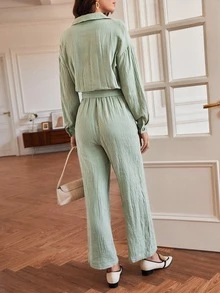 SHEIN Frenchy 前紐扣腰帶襯衫連體褲 - 薄荷綠 - 查看 5