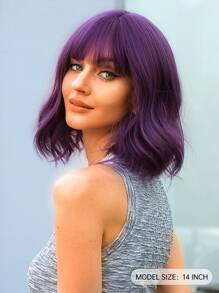 紫色短波波頭假髮適合女士短卷人造假髮帶劉海黑暗紫色角色扮演假髮 - 紫色 - 查看 3