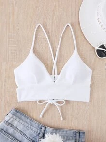 SHEIN Swim Summer Beach Plain Lace Up Bikini Top - White - View 6