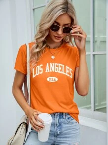 SHEIN LUNE Camiseta con estampado de letra de cuello redondo - Naranja - Ver 1