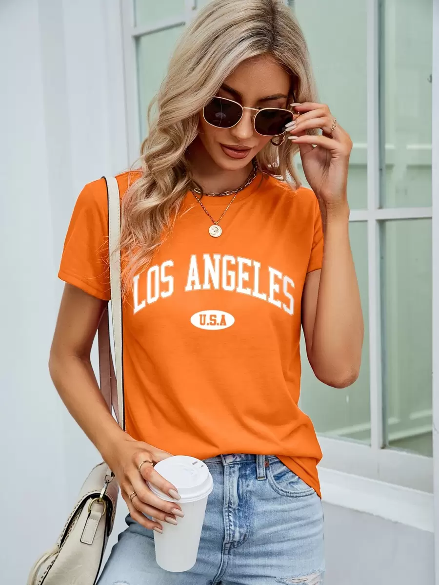 SHEIN LUNE Camiseta con estampado de letra de cuello redondo - Naranja - Ver 1
