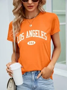 SHEIN LUNE Camiseta con estampado de letra de cuello redondo - Naranja - Ver 4
