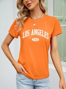 SHEIN LUNE Camiseta con estampado de letra de cuello redondo - Naranja - Ver 5
