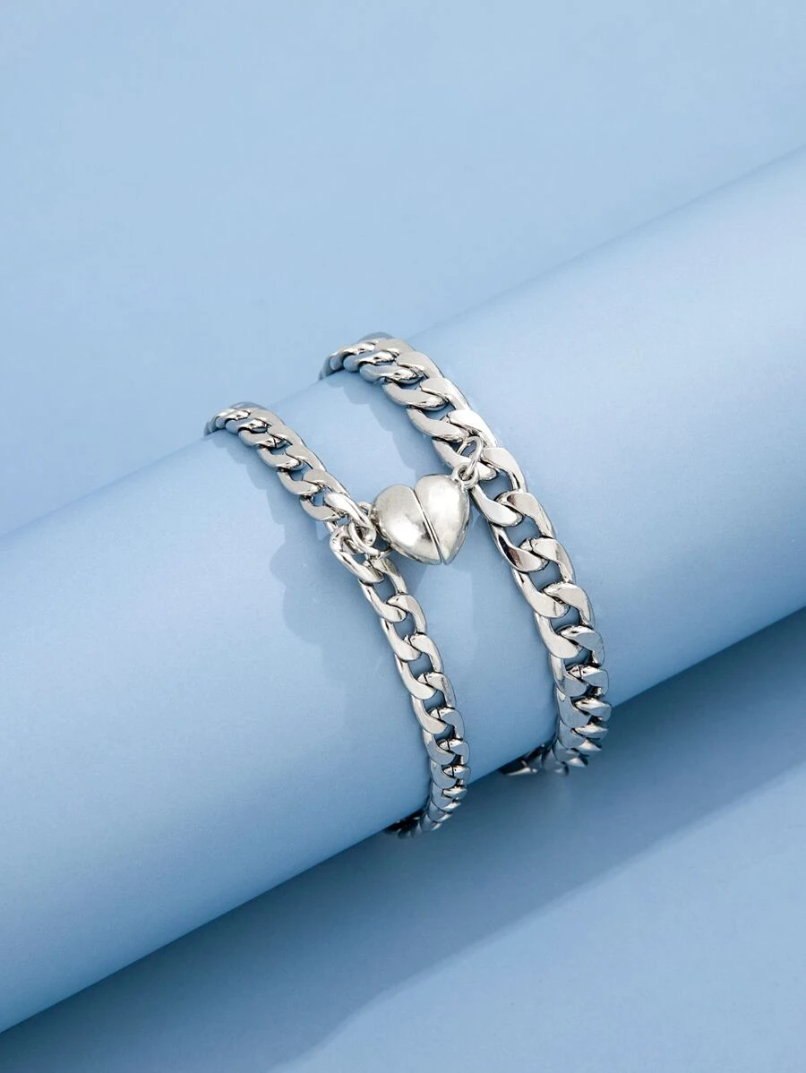 2入組情侶磁性愛心掛飾手環 - 銀色 - 查看 1