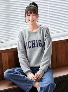 SHEIN Unity 字母圖案落肩袖保暖套頭衫 - 淺灰色 - 查看 1