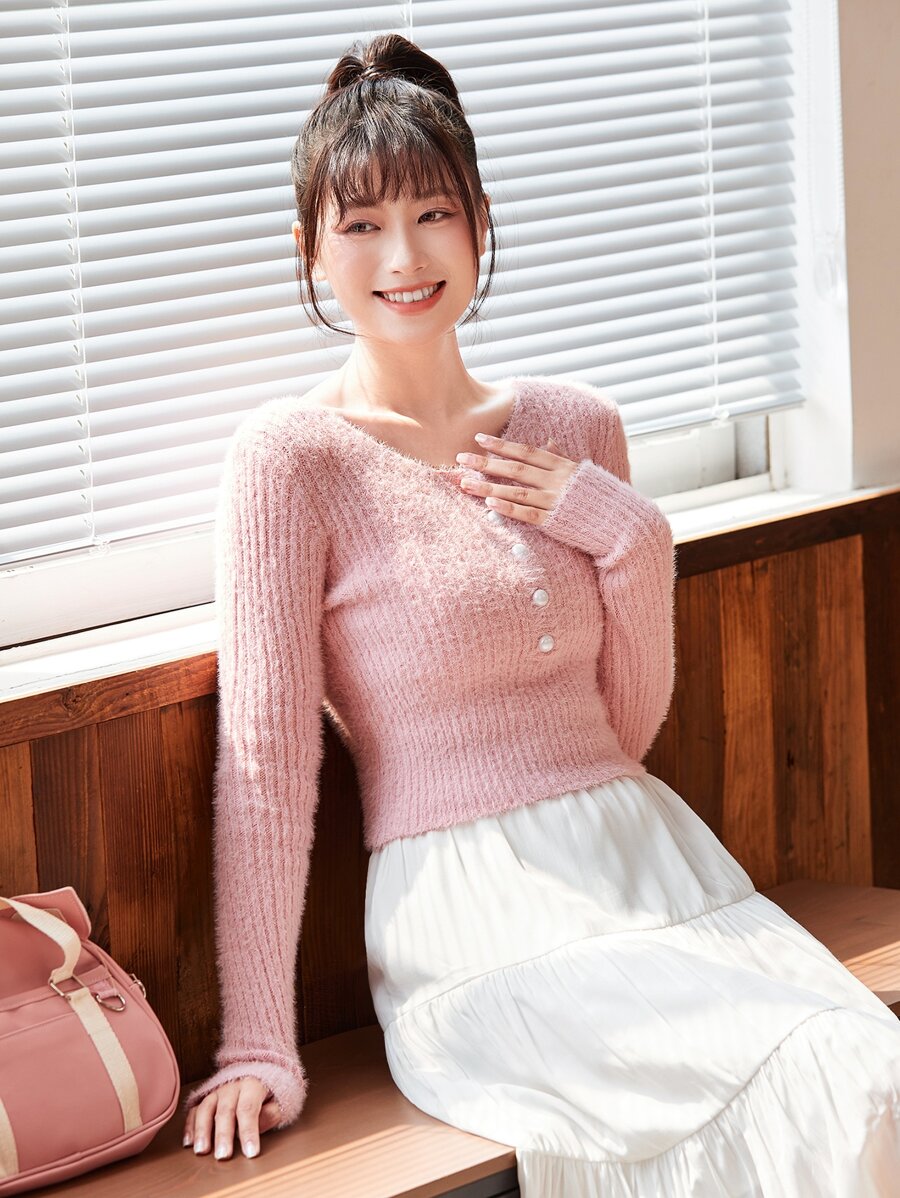 Chiquease Button Front Scoop Neck Rib-Knit Sweater Knit Pullover Fall Winter Outfit