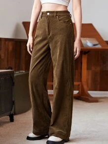SHEIN EZwear High Waist Slant Pocket Cord Pants - Coffee Brown - View 1