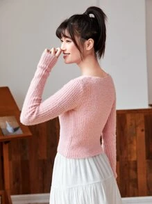 Chiquease Button Front Scoop Neck Rib-Knit Sweater Knit Pullover Fall Winter Outfit