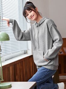 SHEIN EZwear Solid Kangaroo Pocket Drawstring Thermal Hoodie - Grey - View 3