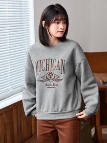 SHEIN Unity Graphic & Letter Embroidery Drop Shoulder Sweatshirt - Light Grey - View 3