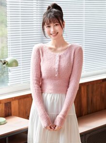 Chiquease Button Front Scoop Neck Rib-Knit Sweater Knit Pullover Fall Winter Outfit