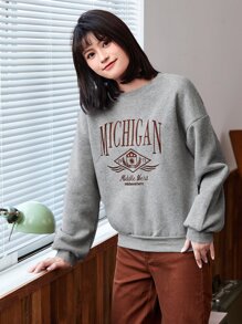 SHEIN Unity Graphic & Letter Embroidery Drop Shoulder Sweatshirt - Light Grey - View 4