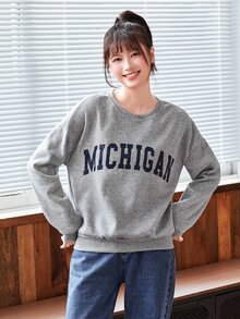 SHEIN Unity 字母圖案落肩袖保暖套頭衫 - 淺灰色 - 查看 3