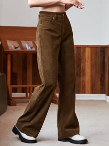 SHEIN EZwear High Waist Slant Pocket Cord Pants - Coffee Brown - View 3