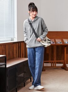 SHEIN EZwear Solid Kangaroo Pocket Drawstring Thermal Hoodie - Grey - View 5