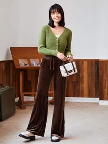 Muchica 腰部抽繩絲絨長褲 - 巧克力棕 - 查看 3