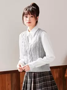 Chiquease Solid Cable Knit Sweater Vest Without Blouse - Light Grey - View 3