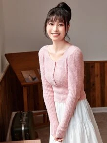 Chiquease Button Front Scoop Neck Rib-Knit Sweater Knit Pullover Fall Winter Outfit