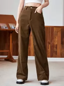 SHEIN EZwear High Waist Slant Pocket Cord Pants - Coffee Brown - View 5