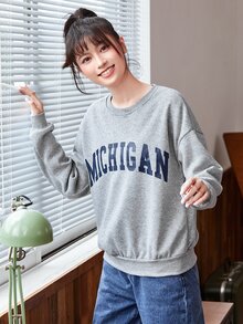 SHEIN Unity 字母圖案落肩袖保暖套頭衫 - 淺灰色 - 查看 5