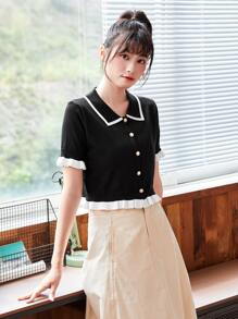 Franclia Button Front Contrast Binding Frill Trim Cardigan,Short Sleeve Tops - Black - View 1