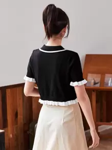 Franclia Button Front Contrast Binding Frill Trim Cardigan,Short Sleeve Tops - Black - View 2