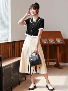 Franclia Button Front Contrast Binding Frill Trim Cardigan,Short Sleeve Tops - Black - View 3