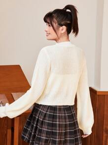 SHEIN EZwear Bishop Sleeve Button Up Cardigan In Fall/Winter - Beige - View 2