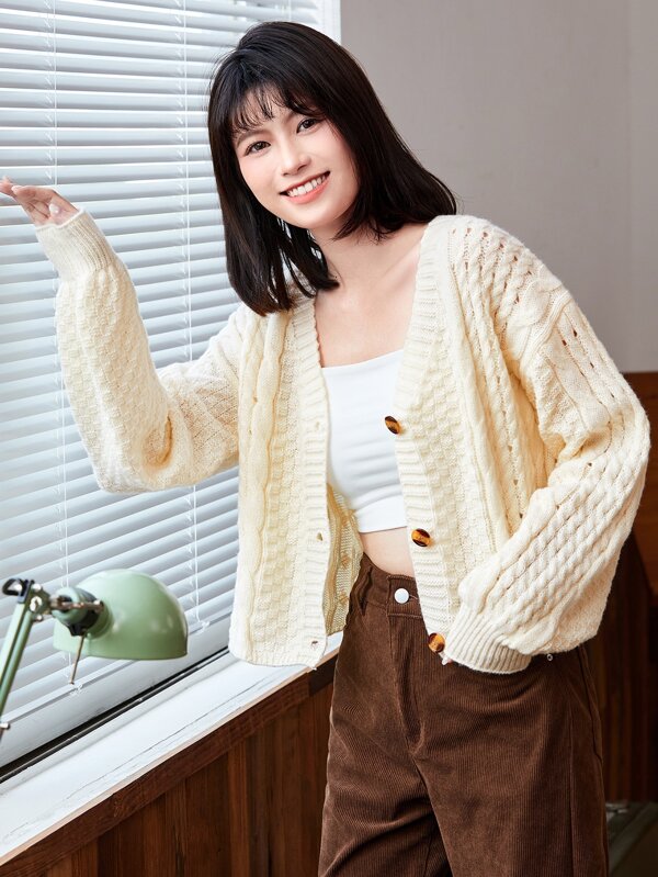 Calvaya Cable Knit Solid Single Breasted Cardigan,Long Sleeve Tops Fall Winter Cloth For Women