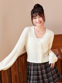 SHEIN EZwear Bishop Sleeve Button Up Cardigan In Fall/Winter - Beige - View 3