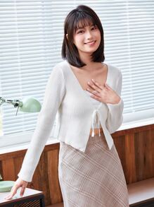 SHEIN EZwear 前系带罗纹针织开衫、长袖上衣