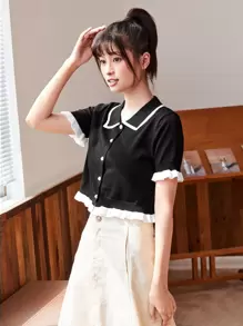 Franclia Button Front Contrast Binding Frill Trim Cardigan,Short Sleeve Tops - Black - View 5