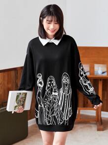 Mulvari 人像圖案拼接領套頭衫洋裝 - 黑色 - 查看 1