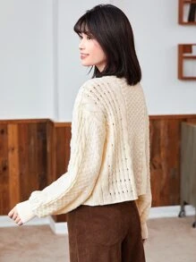 EMERY ROSE 绞花针织纯色单排扣开衫、长袖上衣 - 米色 - 查看 2